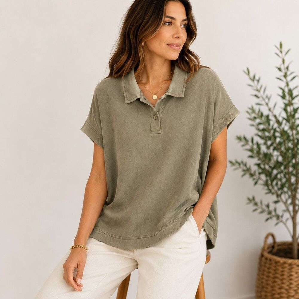 Tea N Rose Oversized Boho Olive Polo Sweatshirt Top Medium Casual Lounge